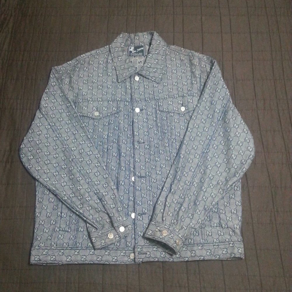 Vintage Denim Monogram Jacket Style Button  Blue XXL